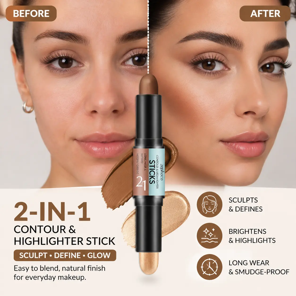 2-in-1 Contour Stick & Highlighter Stick, Cream Makeup Stick for Face Sculpting, Easy Blend Natural Finish Makeup