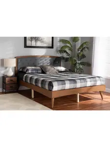 212 MAIN Ratana Mid-Century Modern Transitional Queen Bed - Dark Grey & Walnut Brown, Curved Legs, Button Tuft, Padded Headboard, Wood Frame, 40.4x64.2x82.6 in (Model MG0020-4S)