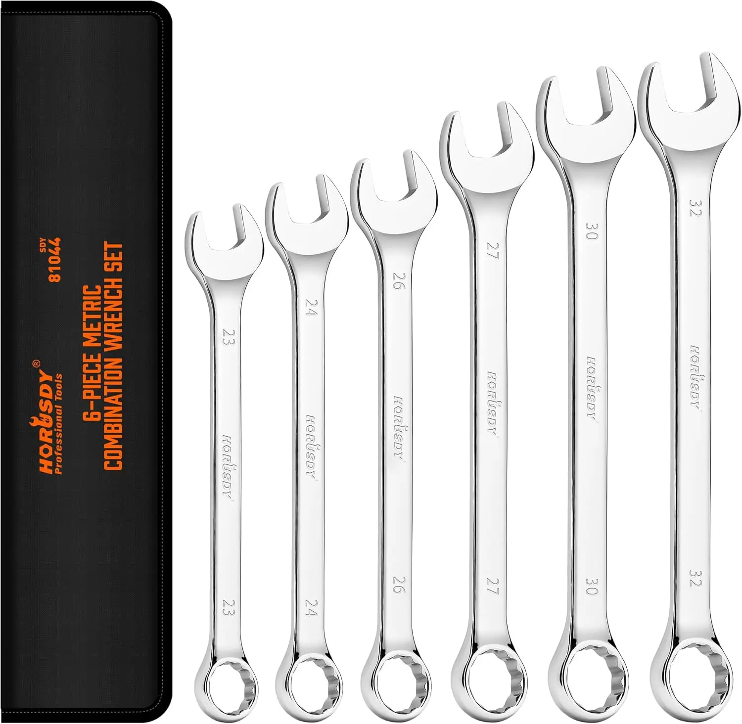 HORUSDY 6-Piece Large Wrench Set, Metric 23–32mm, 12-Point, Chrome Vanadium Steel with Rolling Pouch