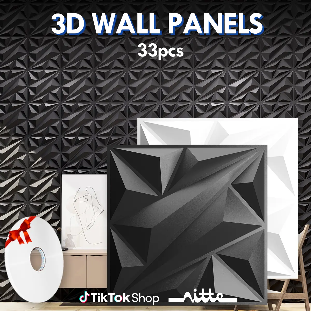 Nitte 33pcs PVC 3D Wall Panels in Diamond Design, 11.8*11.8inch (30*30cm), for Interior Wall Decor in Living Room, bedroom, kitchen room, TV background, feature wall decoration, company logo wall