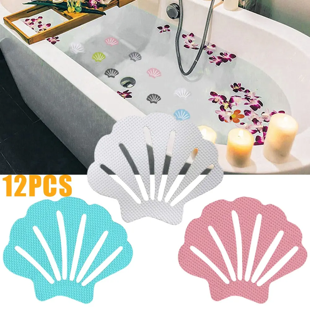 12Pcs Shell-Shape Anti-Slip Bath Grip Stickers Bathroom Accessories Set - 9x7cm Durable PEVA-Backed Waterproof Bathroom Safety Adhesive Tape, Shower Floor Fasteners