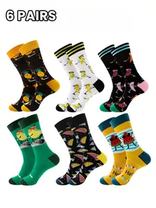 6 Pairs Fun Fruit Theme Unisex Crew Socks, Pineapple Banana Watermelon Cartoon Patterns, Soft Breathable Comfortable Daily Wear