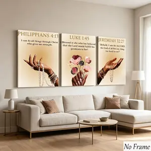 3pcs Christian Bible Verse Canvas Art, Inspirational Text, Dark Skin Hand, Pearl Flower Design, Background, Church Decor