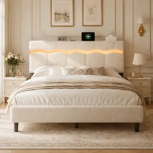 Raybee Bouclé Upholstered Bed Frame with Weave Pattern LED Light & Build-In Charging Station for Full Queen King, Cream Style Modern Platform Bed Frame with Shelf & Underbed Storage for Aesthetic Bedroom Noise Free No Box Spring Needed Easy Assembly, Gray