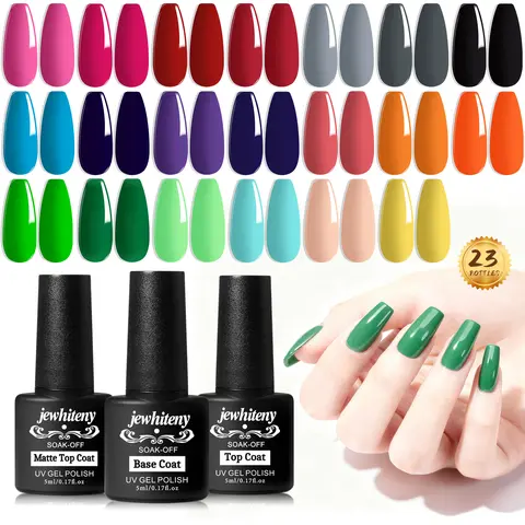 JEWHITENY 23PCS Cosmetic Gel Nail Polish Set - 20+3 Yellow Bottle Kit with Durable Glossy Resin Formula, Base & Top Coat, Nail Art Beauty Products for Home & Salon Use