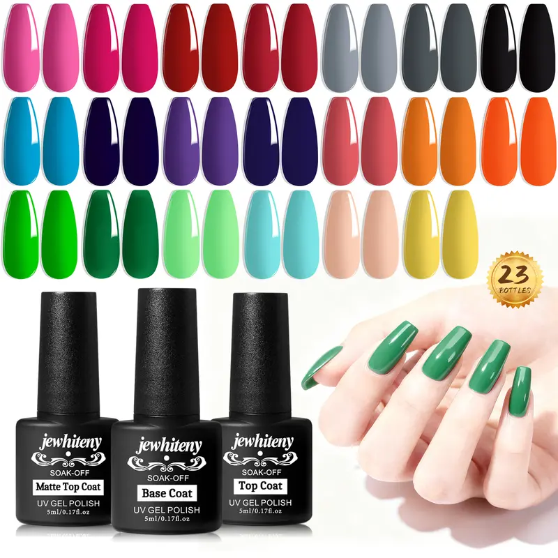 JEWHITENY 23PCS Cosmetic Gel Nail Polish Set - 20+3 Yellow Bottle Kit with Durable Glossy Resin Formula, Base & Top Coat, Nail Art Beauty Products for Home & Salon Use