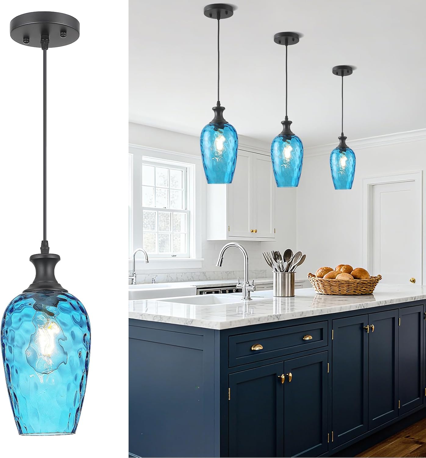 Glass Pendant Lights Kitchen Island, 1-Light Blue Pendant Light Fixtures with Hammered Glass Modern Farmhouse Hanging Light for Kitchen Sink Dining Room Bedroom