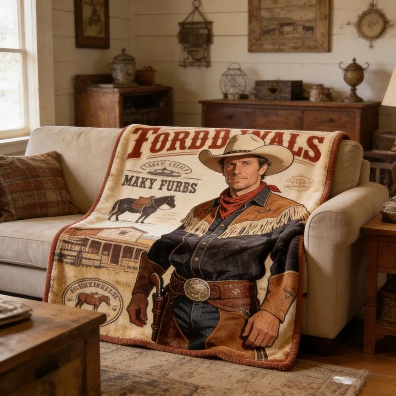 Rustic Western Cowboy Blanket, 280gsm Soft Flannel Fleece Throw Blanket, Vintage Wild West Cowboy Print with Horse & Ranch, Country Western Home Decor for Couch Bed, Gifts for Cowboy Fans