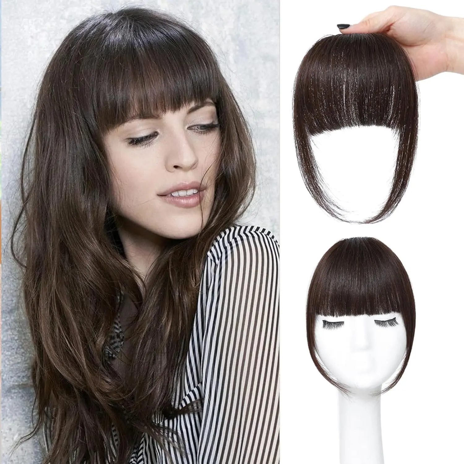 Clip in Bangs Dark Brown Hair French Bangs Fake Bangs Hair Clip on Bangs for Women Fringe with Temples Hairpieces Curved Bangs for Daily Wear Gift for Women gf summerwins