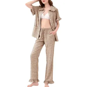 Women’s Cotton Pajama Set Gingham Short Sleeve Sleepwear Ruffle Pocket Lounge Outfits Loose Fit Maternity Night Suit