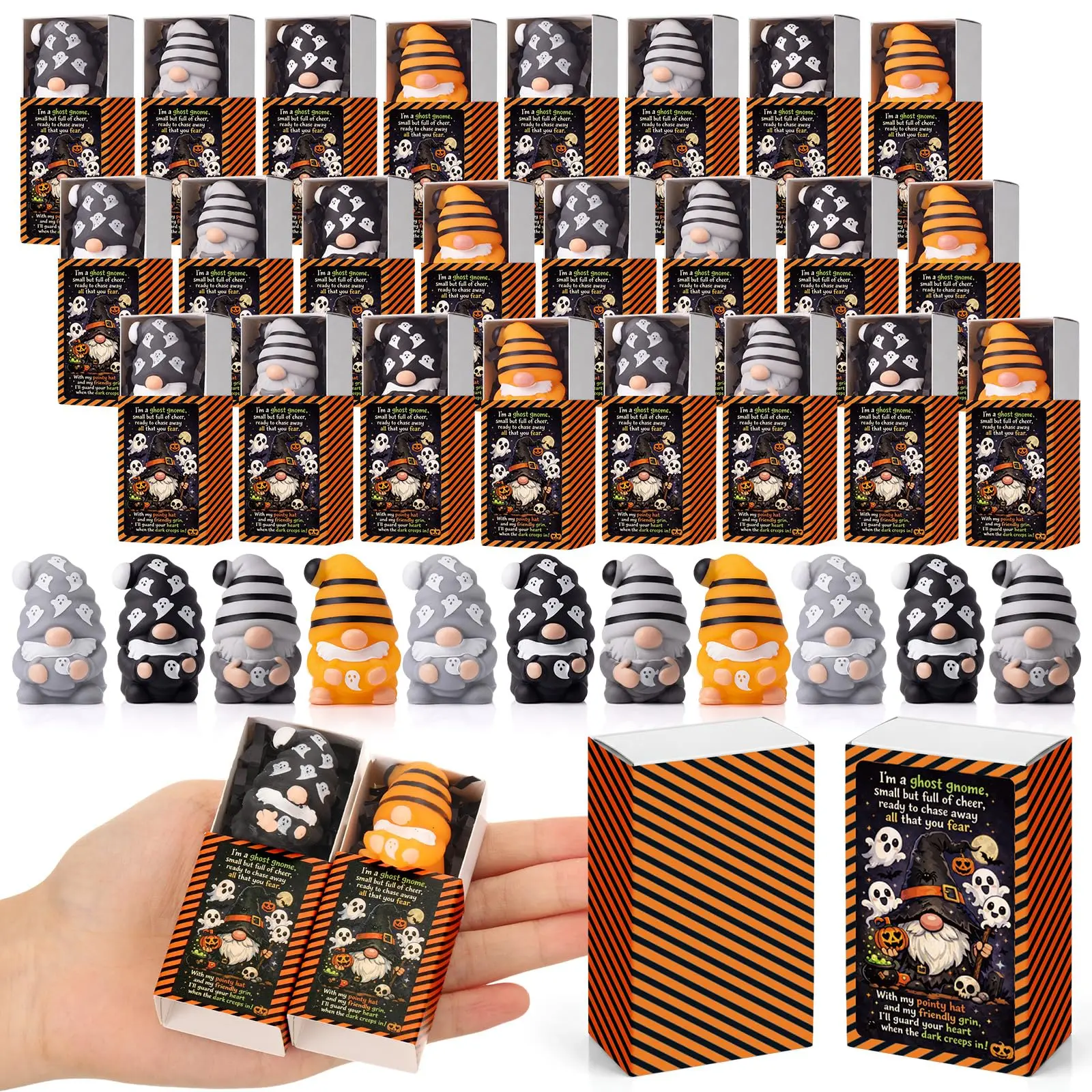 12/24/36Sets Halloween Gifts Halloween Mini Gnome Figurines Gift Boxes Mini Ghost Squishy Figures with Boxes for Classroom Gifts Trick Or Treat Halloween Party Favor Halloween Positive Gift for Office&Home Table Decor Stress Relief Gift Basket Stuffers