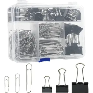 Assorted Size Binder Clips &  Paper Clips Set - 340 count Black, Large for Office & School Supplies, in Container with Compartments