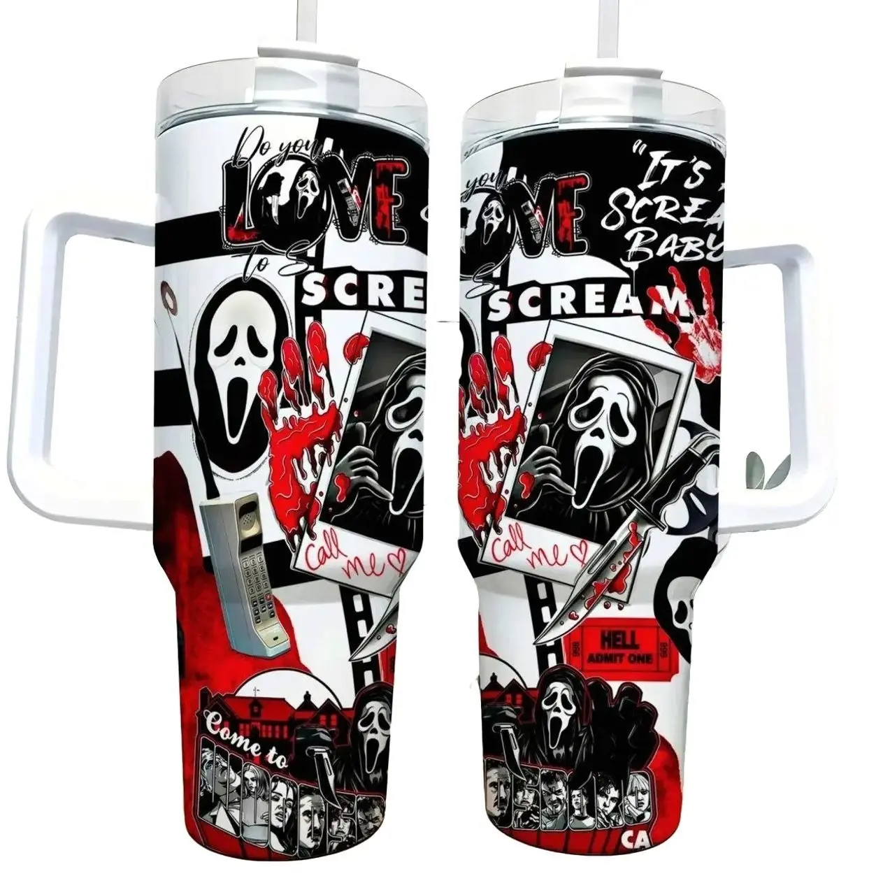 Scary Movie Ghost Face Inspired 40oz Insulated Tumbler with Handle and Straw Black White Red Slasher Horror Collage Stainless Steel Water Bottle Travel Mug for Gym Car Commute Office Halloween Birthday Gift