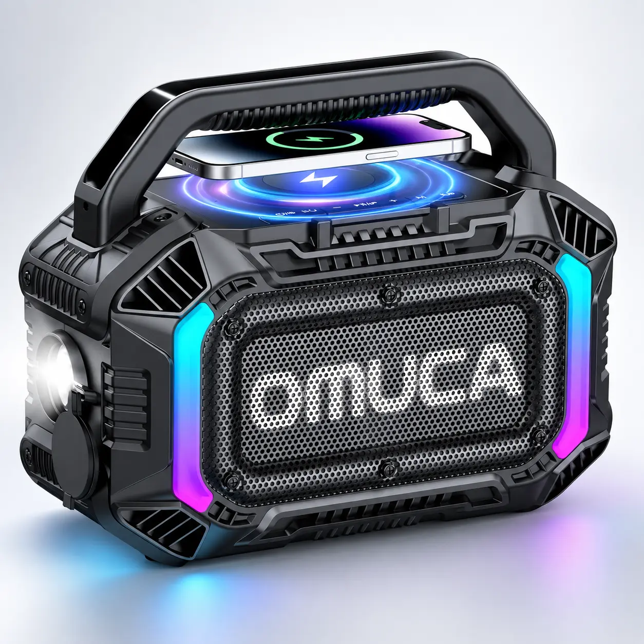OMUCA 100W Bluetooth 5.3 Portable Wireless Soundbox - Party Speaker, Outside Speaker, Powerbank-Enabled, IPX7 Waterproof, Powerful Bass, RGB Lights, Wireless Charging, Flashlight, 20H Playtime for Camping, Beach