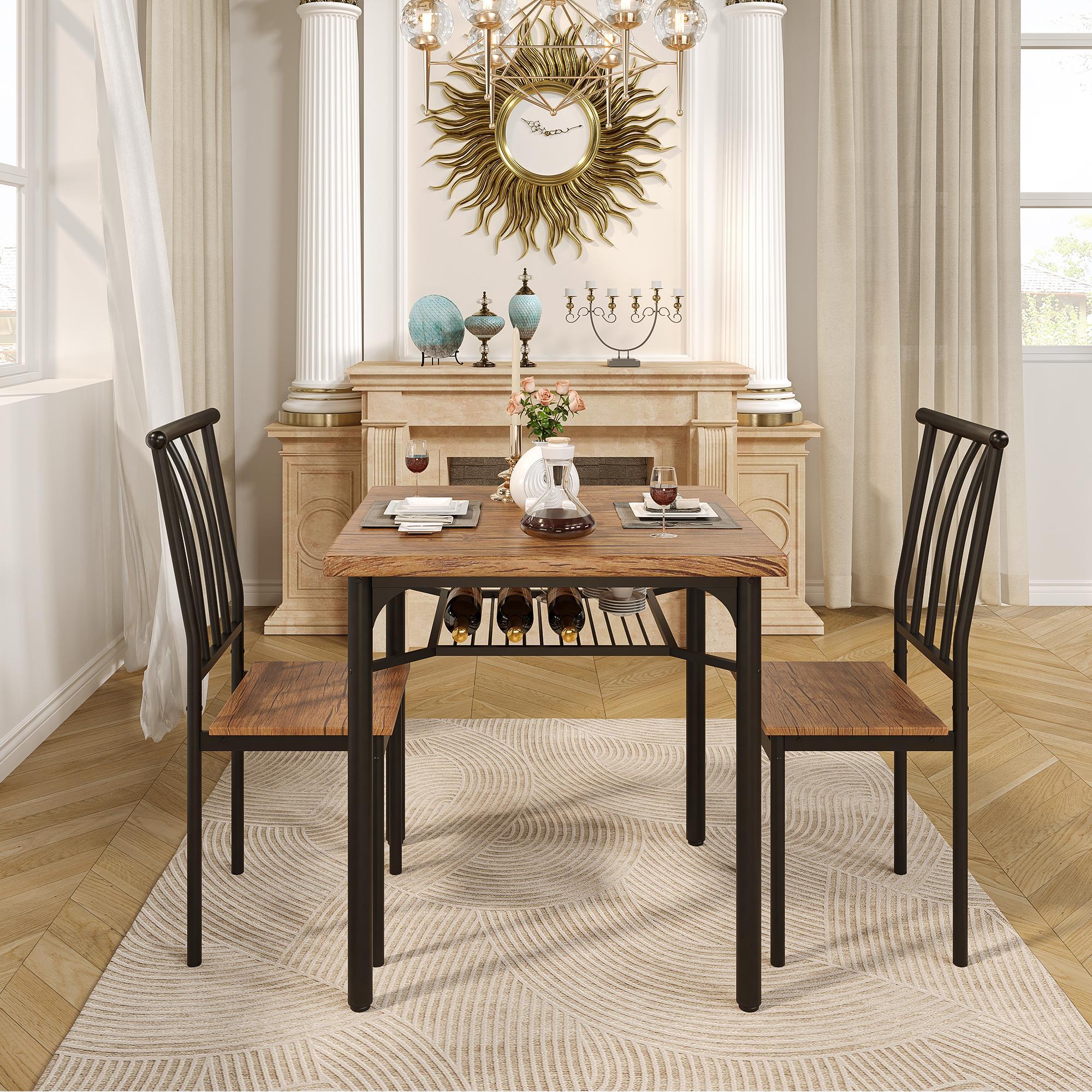 Space-Saving 3-Piece Dining Table Set for 2, Compact Kitchen Table & 2 Chairs with Storage Shelf, Non-Toxic Smooth MDF Tabletop, Rustic Brown Small Bistro Furniture for Apartments & Small Spaces