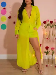 Women's Solid Color Button Front Shirt & Shorts Two-Piece Set, Casual Fashion Cozy Breathable Outfits for Daily Outdoor Wear, Women Clothes for Summer