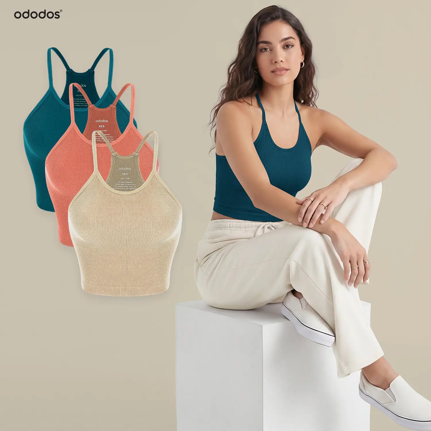 ODODOS Women's Crop 3-Pack Seamless Rib-Knit Camisole Tank Tops