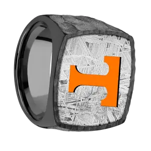 Extra Large Cushion signet ring (22x22mm) in Zirconium, with a Wide style band, a Meteorite inlay and a Tennessee Power T engraving.