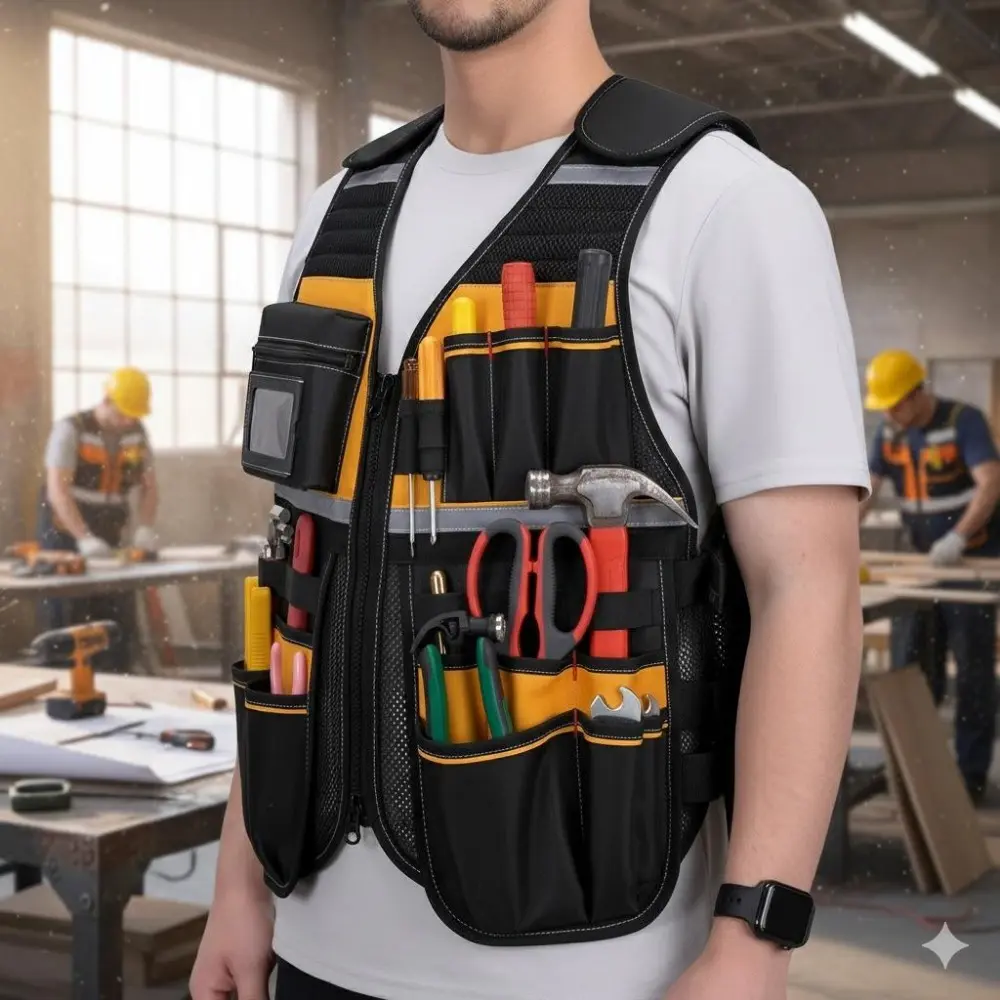 Heavy Duty Multi-Pocket Work Vest: Waterproof, Breathable & Reflective Tool Organizer for Construction, Gardening, Auto Repair. Professional Gear for Electricians, Carpenters, Mechanics.