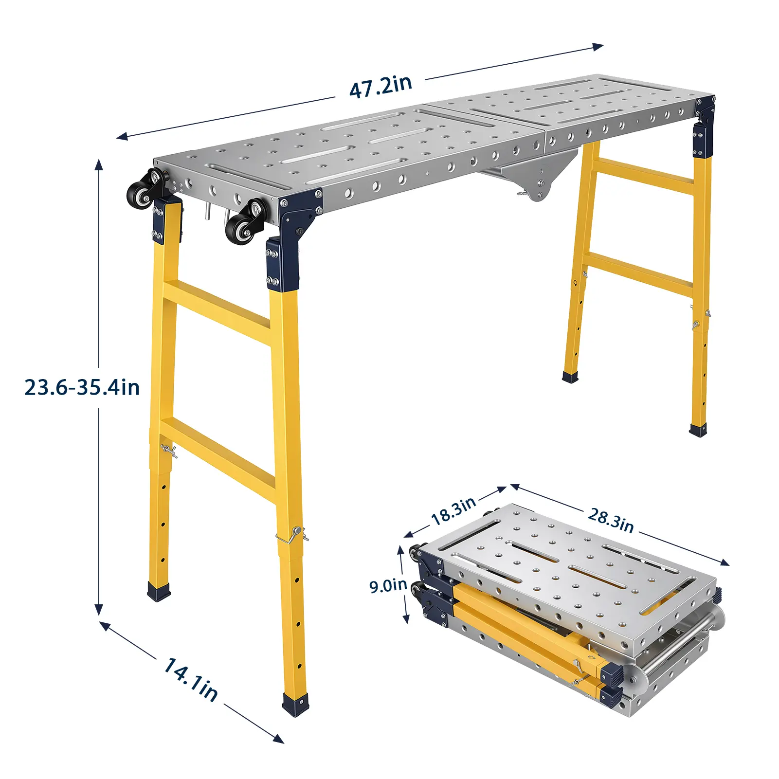 Heavy Duty Adjustable Zinc-Plated Steel Work Platform - 1100 lbs/500 kg Capacity Welding Table with 4/5 Height Settings (60-120cm), Foldable Portable Space-Saving Design, Wheels, Anti-Slip Top, 1 Folding Horse Stool for Garage, Warehouse Decoration, Porta