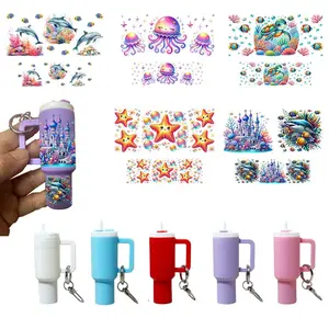 Ocean Themed Keychain Kit, Mini Cup Keychain & UV DTF Transfer Sticker, Customizable Stickers, DIY Handmade Set, Holiday Gift, Party Gift