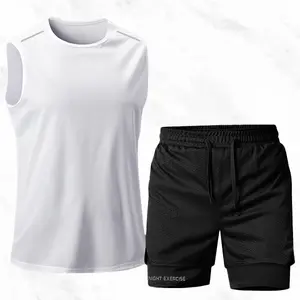 Two-piece Fitness Set Quick-Dry Sleeveless Compression Tank Top Ice Silk T-Shirt & Breathable Running Shorts for Swimming Running Weightlifting