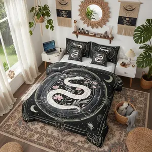 White Snake 7 Pieces Bedding Set Pink Peach Blossom Comforter Set for Boys Girls Boho Sun Moon Bed Set