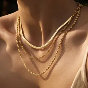 14K Gold Plated Layered Necklaces for Women, Dainty Snake Chain Herringbone Twisted Rope Chain Choker Necklaces, Stackable Waterproof Gold Necklace Set, Trendy Jewelry Gifts for Her