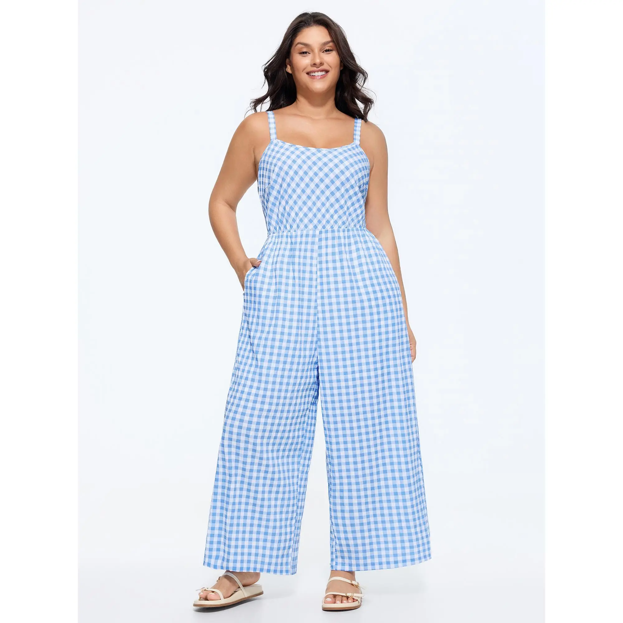 BloomChic Women's Plus Size Plaid Jumpsuit, Casual Summer Leisure Fit with Back Bow-Tie and Side Pockets, Polyester Spandex, Fabric, Cold Wash, Low Iron, M-6X, Smooth, Garment, Lady, Polyester Blend, Plus Size Clothes, Spandex Mix, Plaid Print, Back Bowti