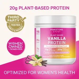 Pink Stork 20 g Protein + Fiber + Superfoods | Vegan | Vanilla | 0 g Sugar, Sweetened with Monk Fruit | 115 Calories | Plant-Based Pea Protein | Formulated for Women | Energy, Digestion, No-Bloat Blend