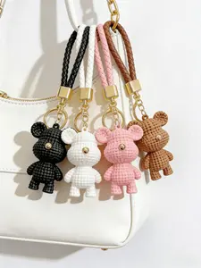 Cute Knit Texture Bear Keychain 3D Crochet Style Teddy Bear Pendant with Braided Wrist Strap Key Ring Aesthetic Backpack Bag Charm Gift for Women Men Bear Lovers