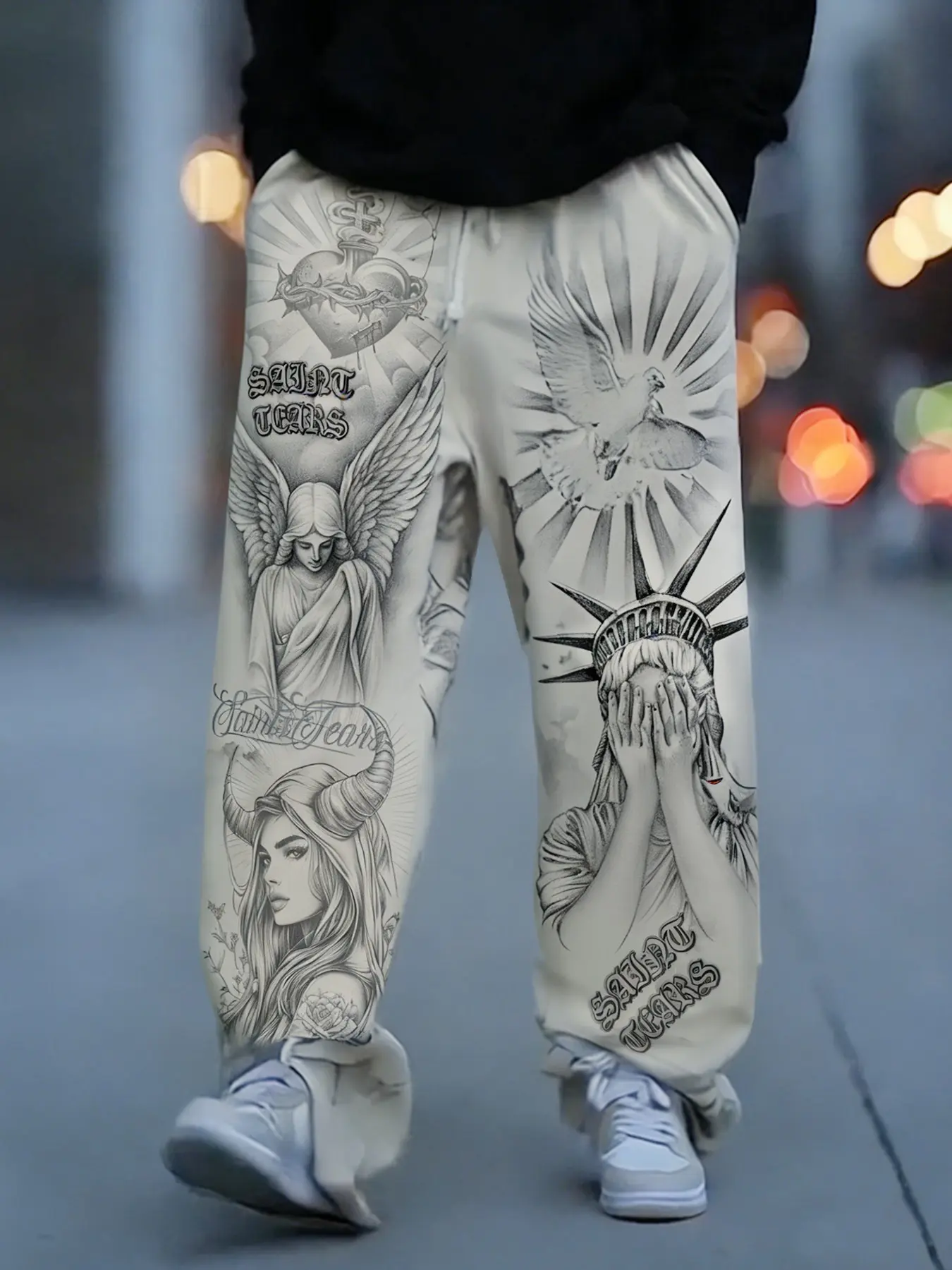 Men's Fashion Streetwear Casual Wide Leg Pants Trouser, Crying Angel Praying Graphic Pattern, All over Print, Loose-Fitting, Spring & Fall, Y2K, Casual Trousers