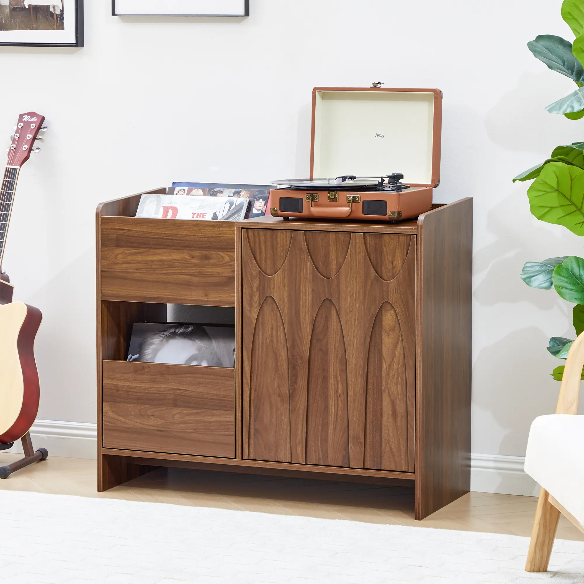 FurSch Mid-Century Modern Record Player Stand with Drawer and Cabinet Door, Wooden Turntable Table with Vinyl Storage for Living Room