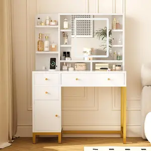 Makeup Vanity with Led Lighted Mirror & Power Outlet, 3 Lighting Modes, Brightness Adjustable, Vanity Desk with Acrylic Tabletop & Drawers and Cabinets for Bedroom, White