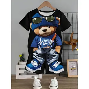 Boys' Cool Bear 3D Print T-Shirt & Shorts Set - Comfy, Stretchy Polyester Blend, Machine Washable - Perfect for Summer, Perfect for Outdoor