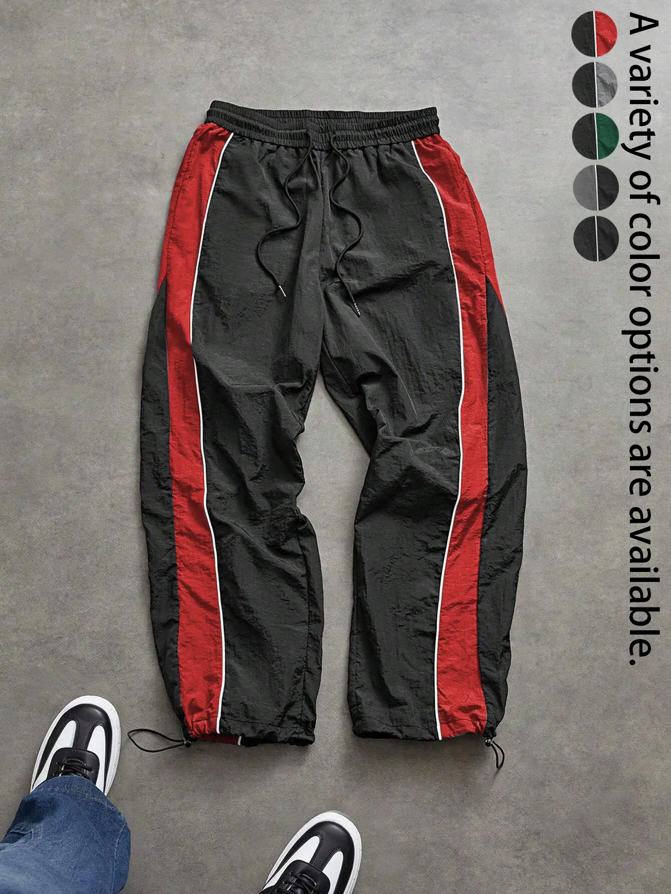 Mens Adjustable Hem Track Pants Lightweight Windbreaker Jogger Baggy Athletic Pants Drawstring Waist Contrast Side Stripe Cinch Bottom Y2K Streetwear Soccer Style Running Training Casual Daily Wear Outdoor Sportswear Loose Fit Ankle Travel Lounge Pants