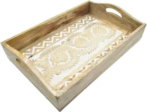 Hand Carved Wooden Breakfast Serving Tray with Handle for Tea Snack Dessert 15 x 10 Inches Mango Wood Kitchen Dining Serve Ware Accessories 2047