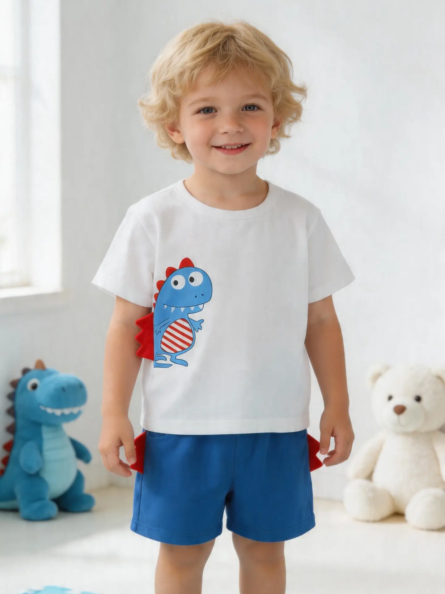 【CICIIBEAR】Cartoon round neck dinosaur short-sleeved set for boys and girls little cotton jacket hoodies cute clothes boy polyester original head tights uniform  costume sock Set boys summer outfits summer cute clothes set