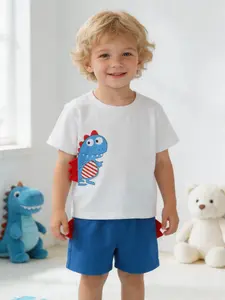 【CICIIBEAR】Cartoon round neck dinosaur short-sleeved set for boys and girls little cotton jacket hoodies cute clothes cuffed sweatpants boy polyester sensory socks original head tights uniform shark lavagirl costume sock Set Children's Glow-in-the-Dark