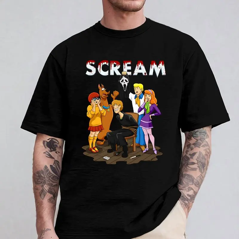 Unisex Casual Cotton T-Shirt - Scooby Scream Graphic Top, It's Always Someone You Know Hoodie-Inspired Horror x Cartoon Apparel Sweatshirt Classic, Shortsleeve, Menswear, Round Neck, Tops, Horror Cartoons