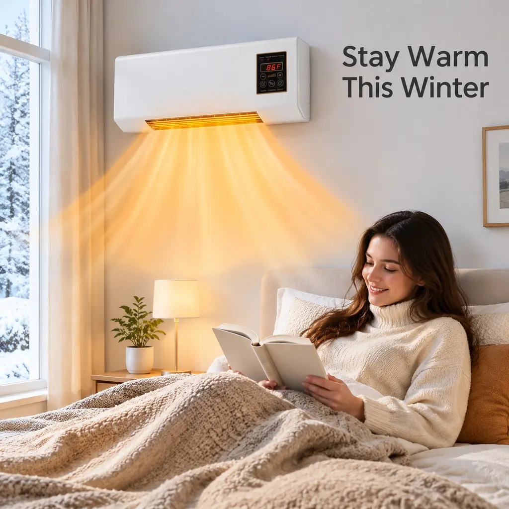 Wall Mounted Electric Space Heater with Digital Temperature Display, 2 Air Modes (Heat & Fan), Compact Quiet Infrared Device with Adjustable Heat for Bedroom Office (Have Remote)