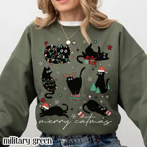 Christmas Cat Sweatshirt Catmas Meow Christmas Tree Light Its Fine Holiday Sweater Funny Kitty Black Cat Xmas Crewneck Festive Kitten Gift