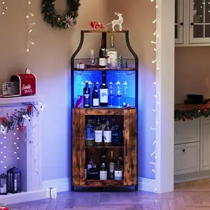 Gaomon Rustic Brown Corner Wine Cabinet - Home Decor Items with LED Lighting, Adjustable Shelf, Glass Holder, Metal Frame, Adjustable ft, Compact Liquor Organizer Home Furniture, Corner Shape