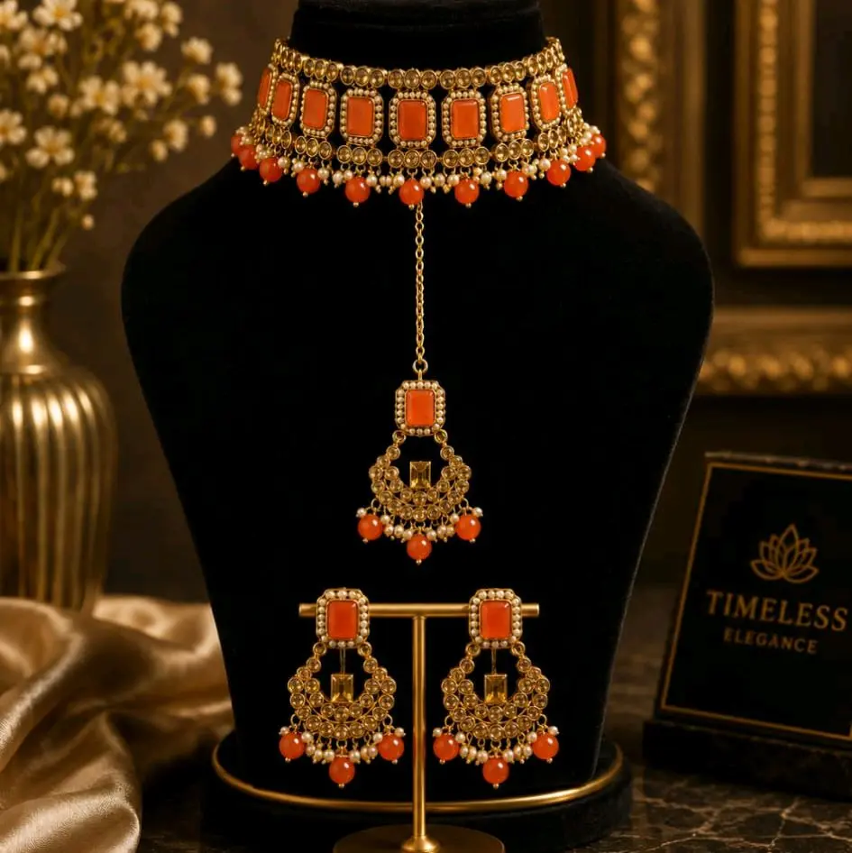 Stonework Choker Set with Earrings and Tikka