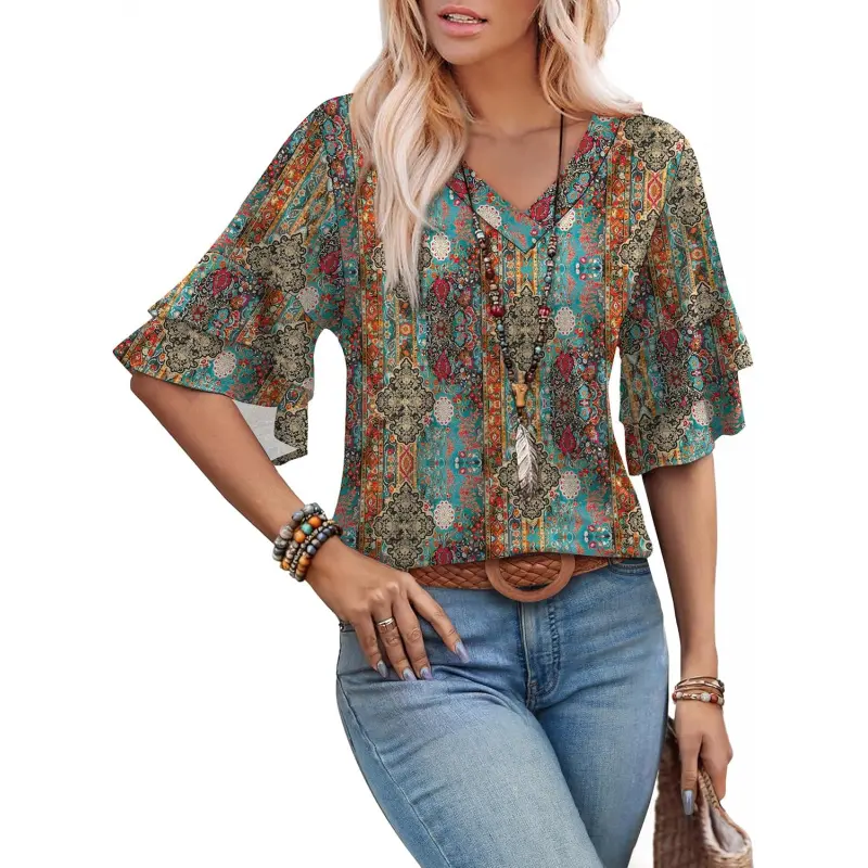 Women's Blouse with 3/4 Sleeves, Minimalist Dressy Casual Top, Soft Breathable Cottagecore Style Apparel for Everyday Wear, Garment, Simple, Tops, Women's Clothes, Comfy Casual, Elevated Basics, Piece, Shirts