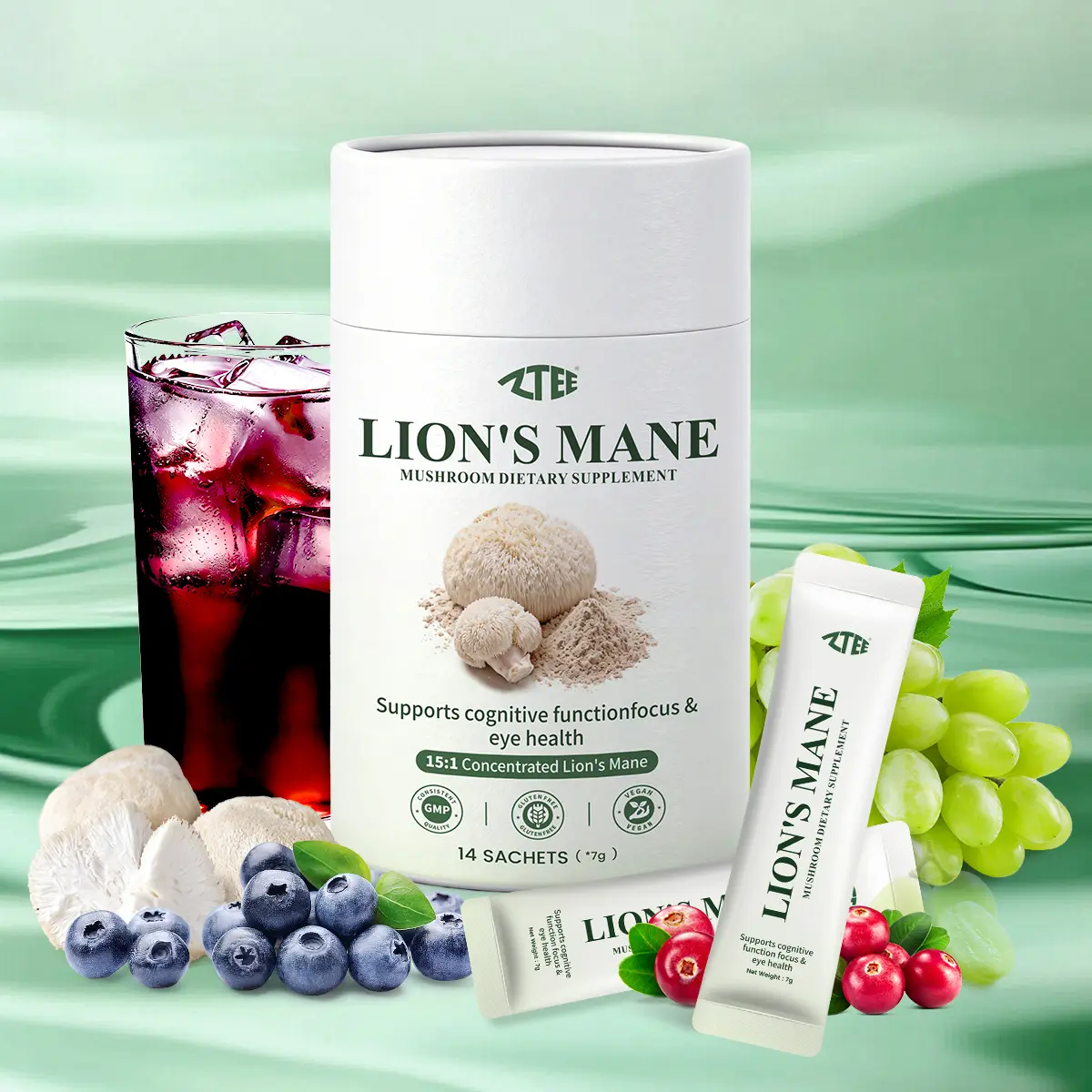 ZTEE Lion's Mane Mushroom Dietary Supplement - Supports Cognitive Function, Focus & Eye Health | 15:1 Concentrated Lion's Mane with Lutein, Zeaxanthin, Vitamin C & E | 14 Sachets (14-Day Supply)