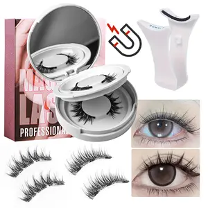 Magnetic False Eyelashes 2 Pairs Set, Easy to Apply No Glue Needed Reusable, Length 8-13mm Natural Look, Longer Looking Eyelashes, Includes Magnetic Lash Curler