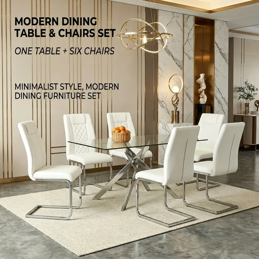 6-Piece Dining Table and Chair Set, 51.18-Inch Rectangular Clear Tempered Glass Dining Table + 6 High-Back PU Leather Chairs, Silver Chrome Legs, Modern Kitchen Dining Room Set, White and Silver