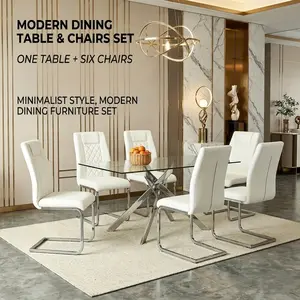 6-Piece Dining Table and Chair Set, 51.18-Inch Rectangular Clear Tempered Glass Dining Table + 6 High-Back PU Leather Chairs, Silver Chrome Legs, Modern Kitchen Dining Room Set, White and Silver.