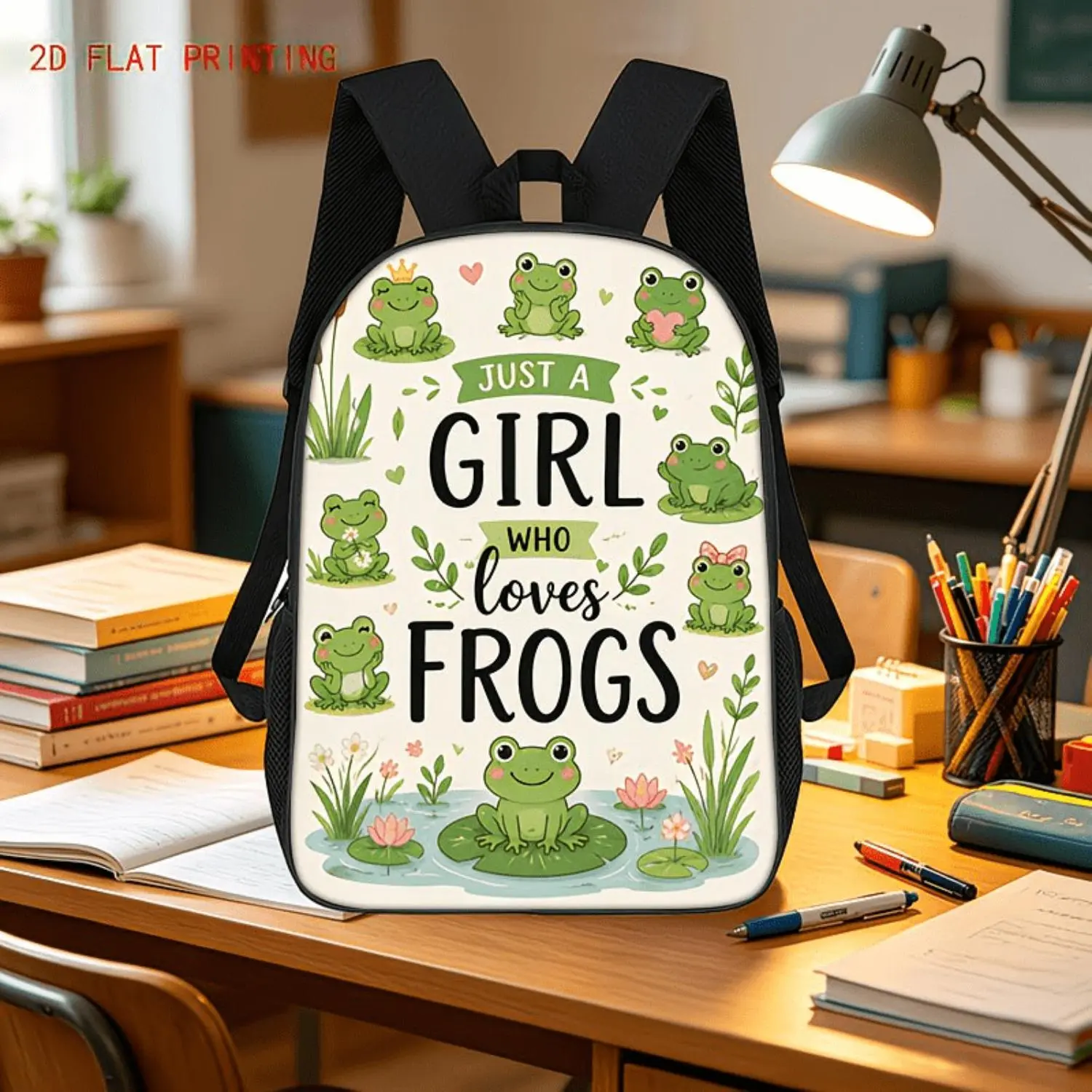 1pc Just a Girl And Her Frogs Large-Capacity Casual Backpack, Suitable for School, Travel, Camping, And Personal Trips, Lightweight And Durable, Unisex,  Zipper Closure, 17-Inch Laptop Bag